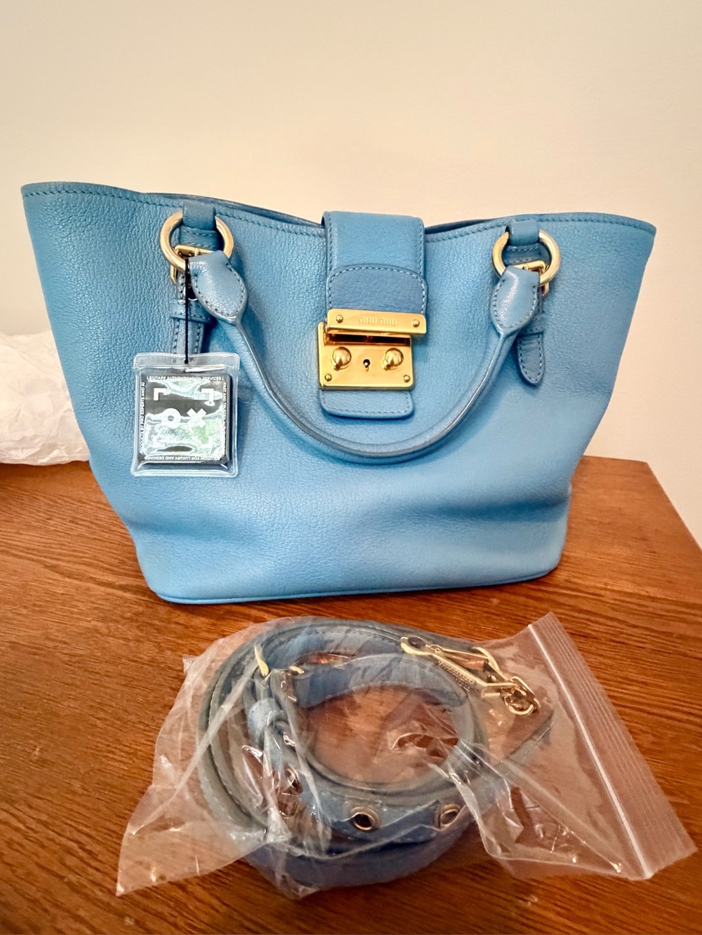 Miu Miu Sky Blue Leather Tote with Gold Hardware